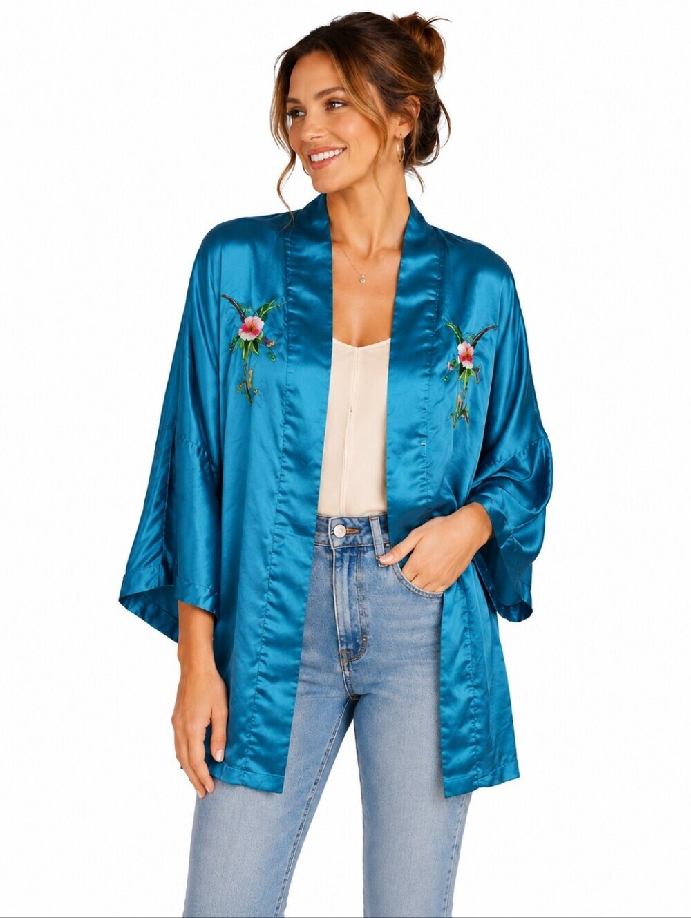 Peacock 100% Silk Teal Embroidered Kimono Jacket XL